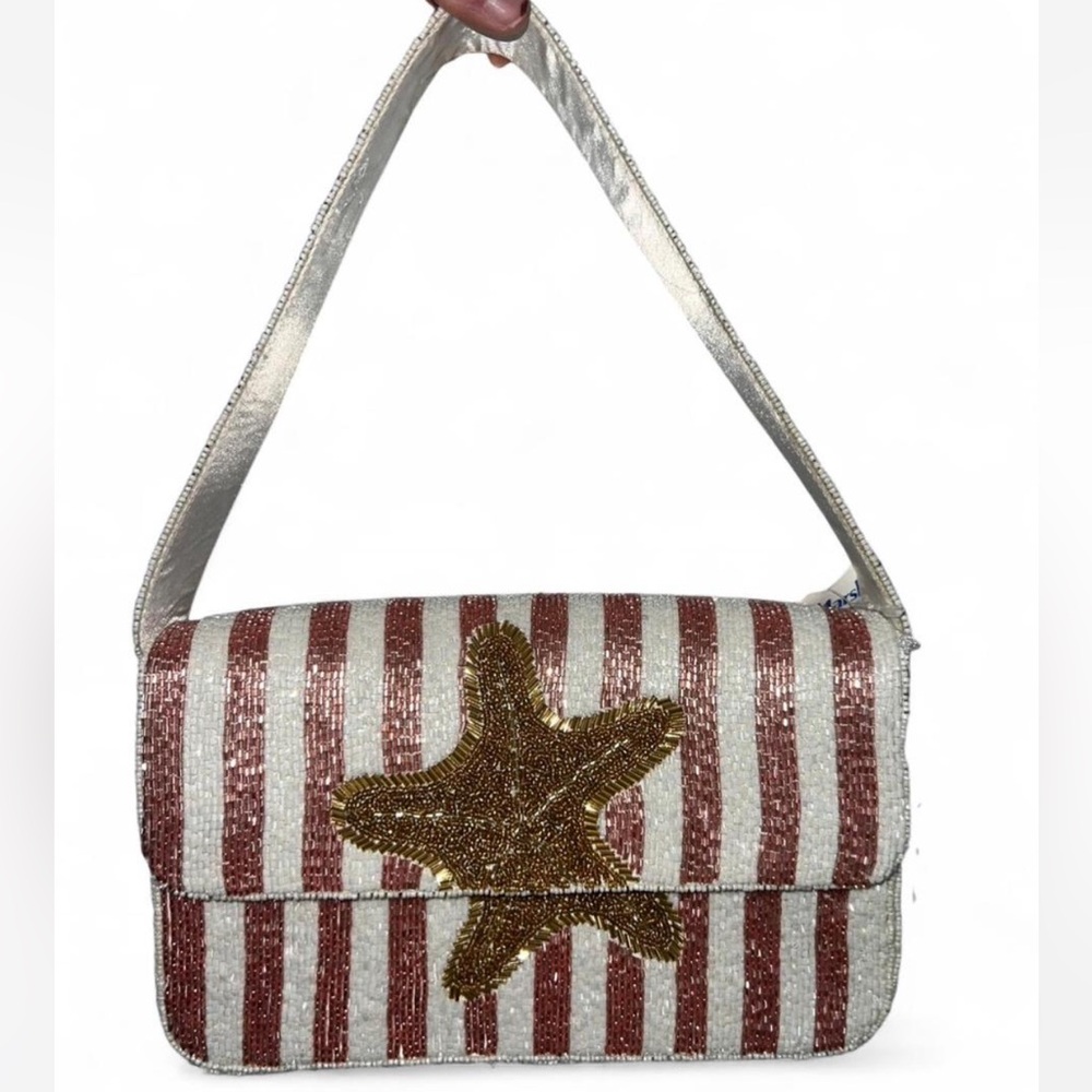 Handcrafted White and Pink Stripped Starfish Beaded Shoulder Bag Made in India